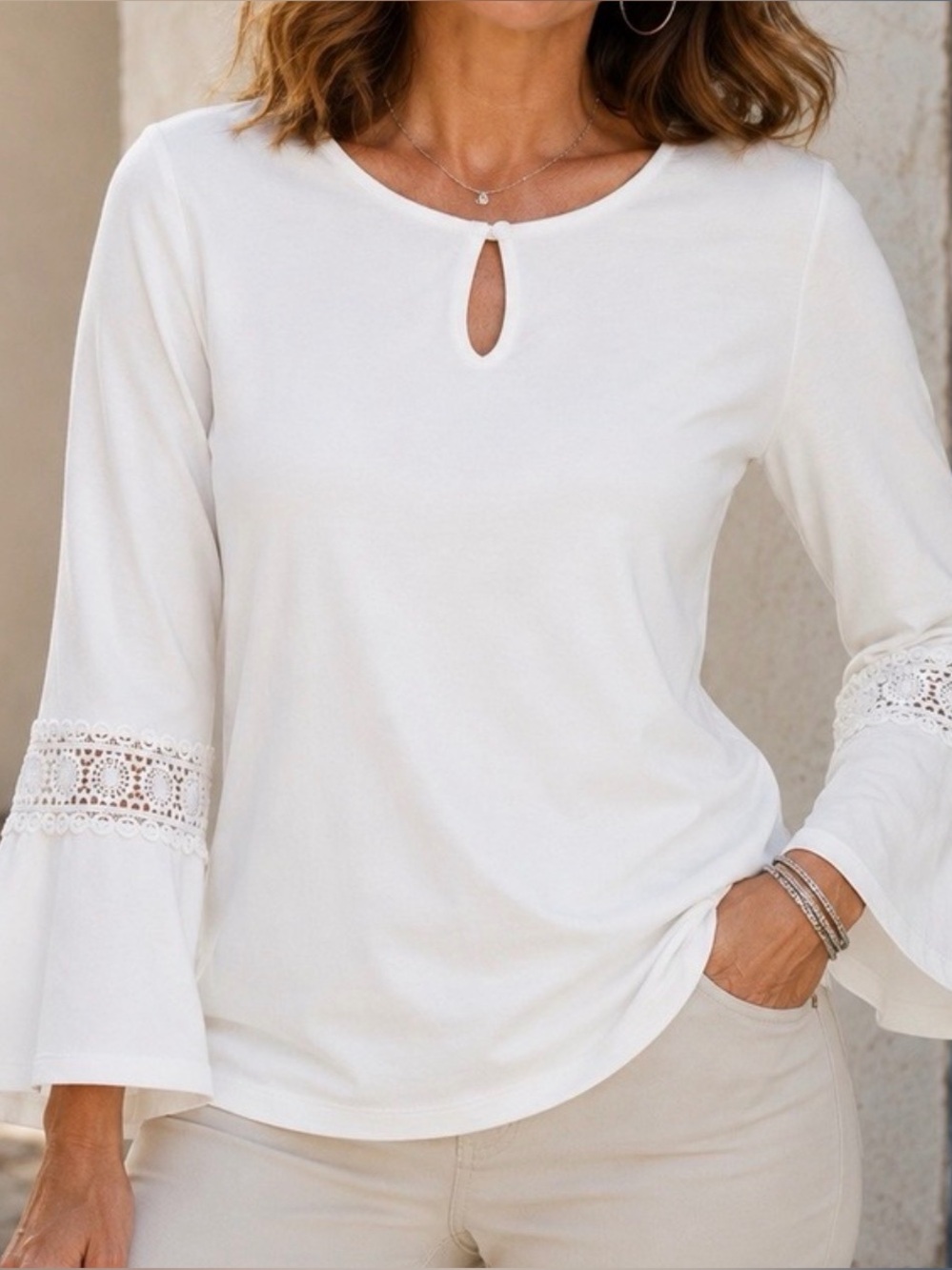Chico's white  Bell Sleeve Top with Lace Trim.Elegant,classic, pretty,fall.